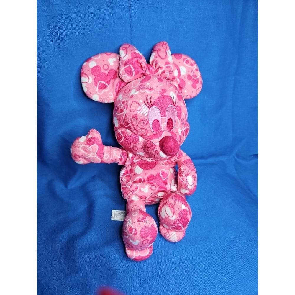 Disney Parks Minnie Mouse Poseable Plush Doll Pink All Over Print Hearts 16" - Picture 2 of 7